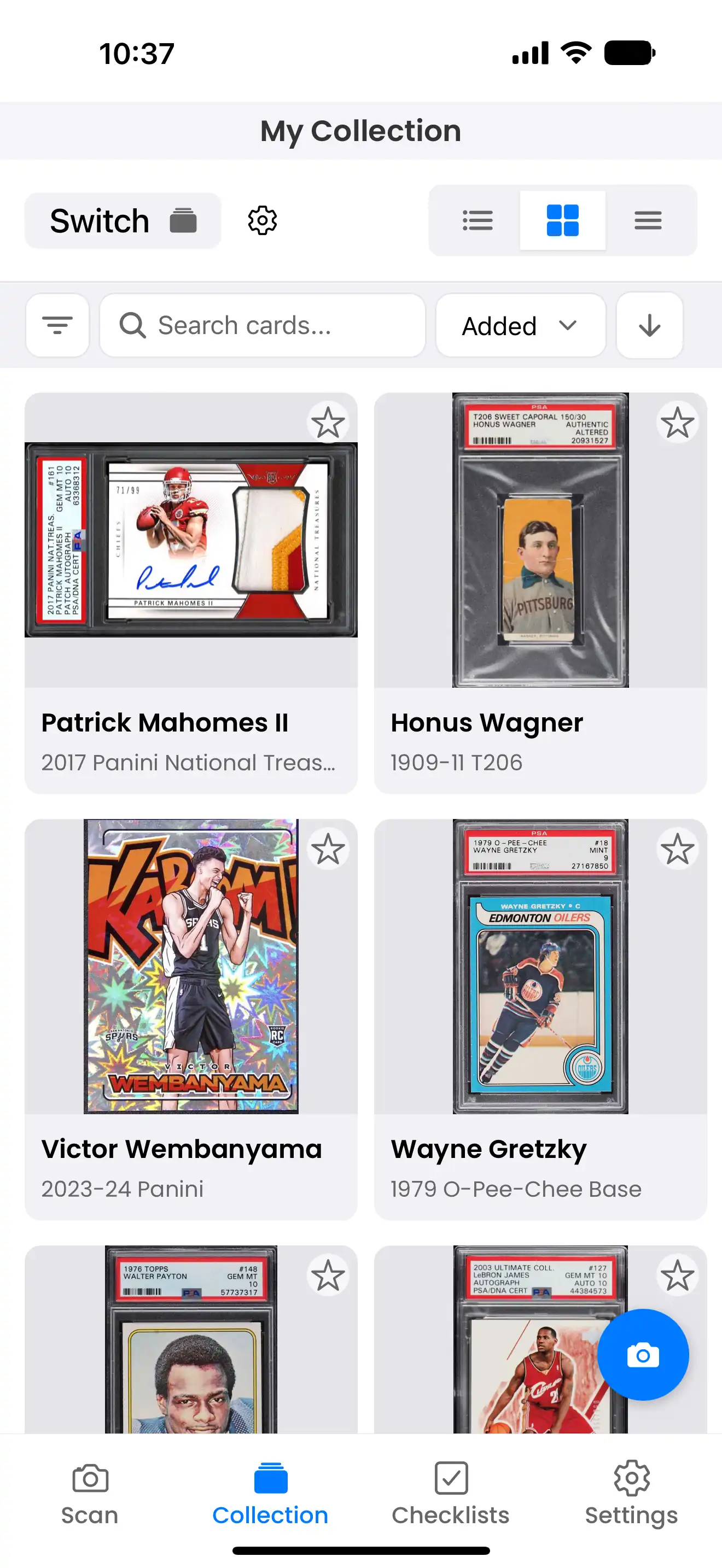 Mobile collection view with organized cards
